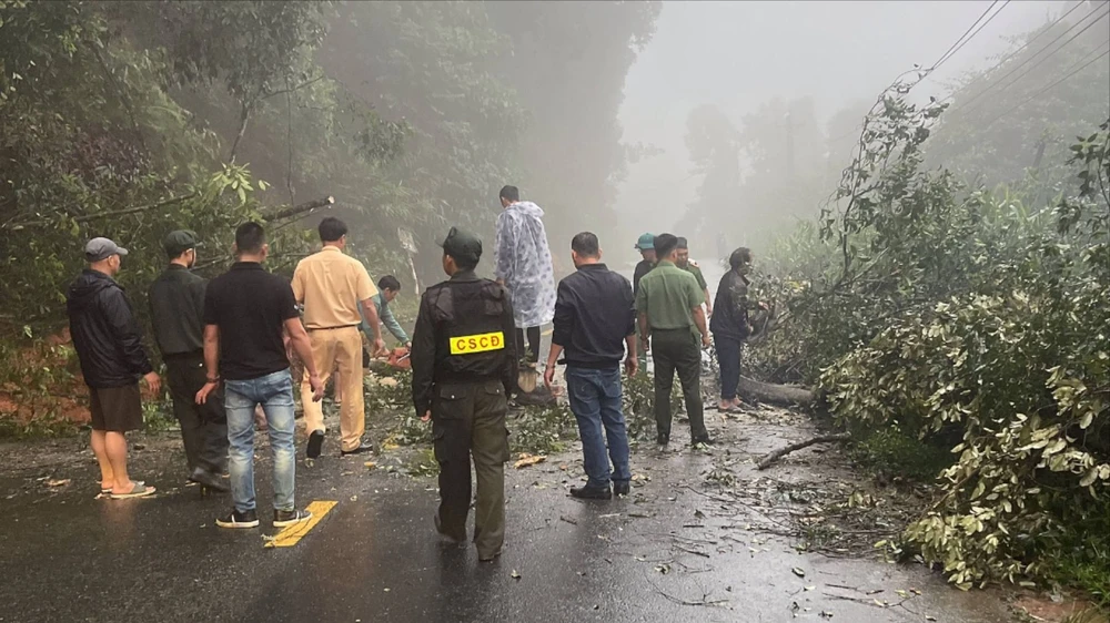 Công an tỉnh Lâm Đồng trực xuyên đêm tại các tuyến đèo đề nắm tình hình, đề phòng sạt lở. Ảnh: TMĐ
