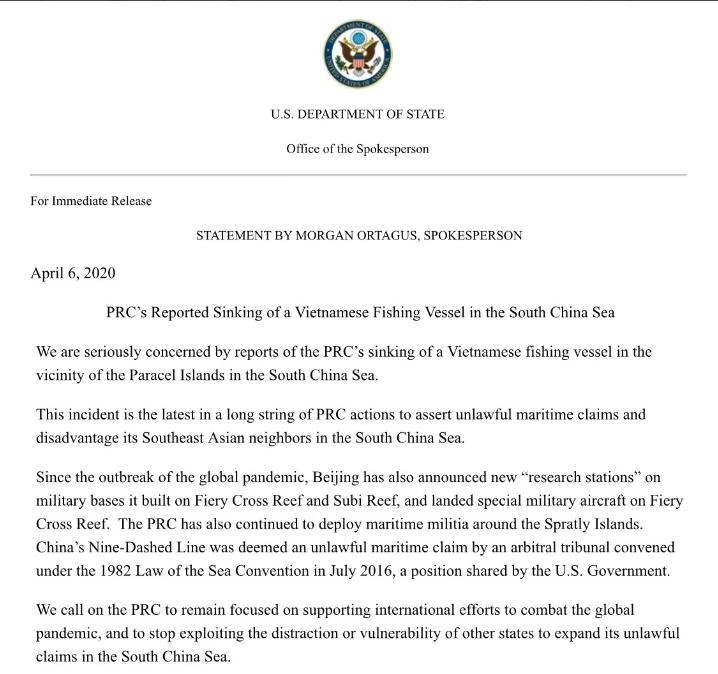 Mỹ lên án Trung Quốc đâm chìm tàu cá Việt Nam ảnh 1