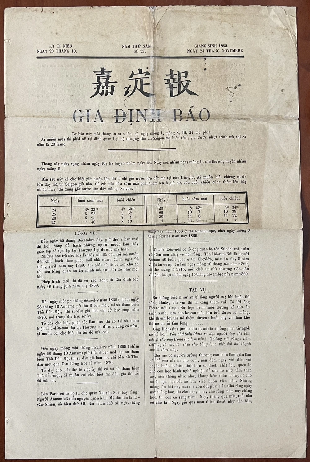Trong những ngày kỷ niệm 98 năm Ngày Báo chí cách mạng Việt Nam, nhìn lại những ấn phẩm thể hiện sự ra đời của Đảng ta, cũng không quên các tờ báo đầu tiên khai sinh ra nền báo chí hiện đại Việt Nam. Gia Định Báo số 27, ra ngày 24-11-1867, tờ báo tiếng Việt đầu tiên viết bằng chữ Quốc ngữ (chữ Latinh). Ảnh tư liệu của tác giả
