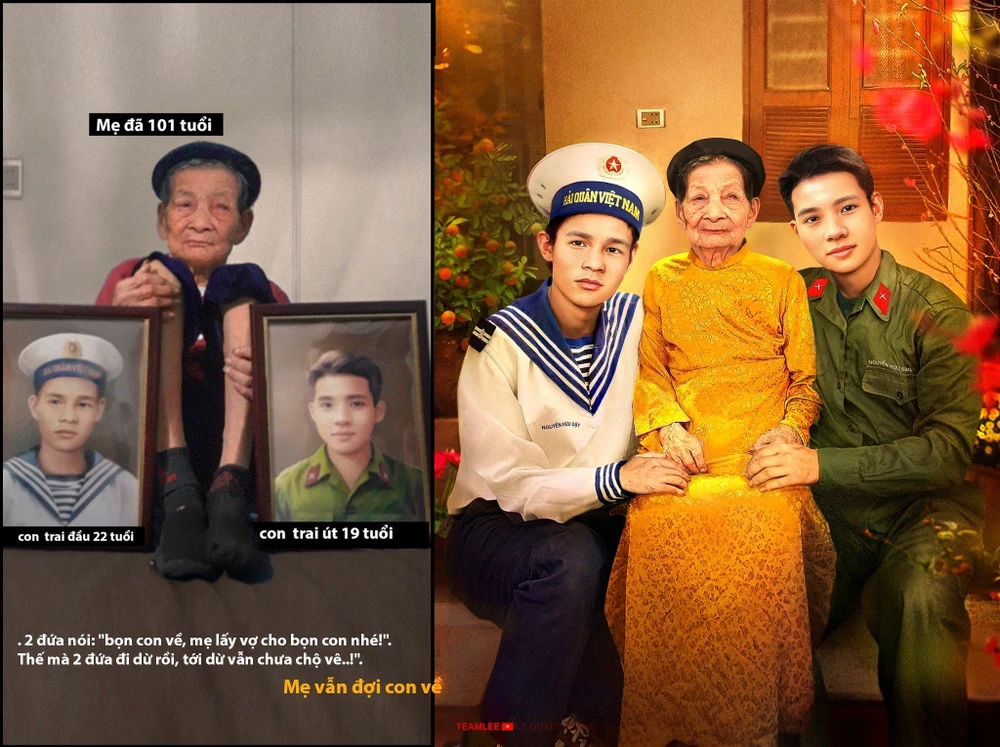 2 người con liệt sĩ đã "về" với Mẹ Việt Nam Anh hùng ở Thanh Hóa trong bức ảnh phục dựng dịp 27-7 này. 2 người con liệt sĩ đã "về" với Mẹ Việt Nam Anh hùng ở Thanh Hóa trong bức ảnh phục dựng dịp 27-7 này.