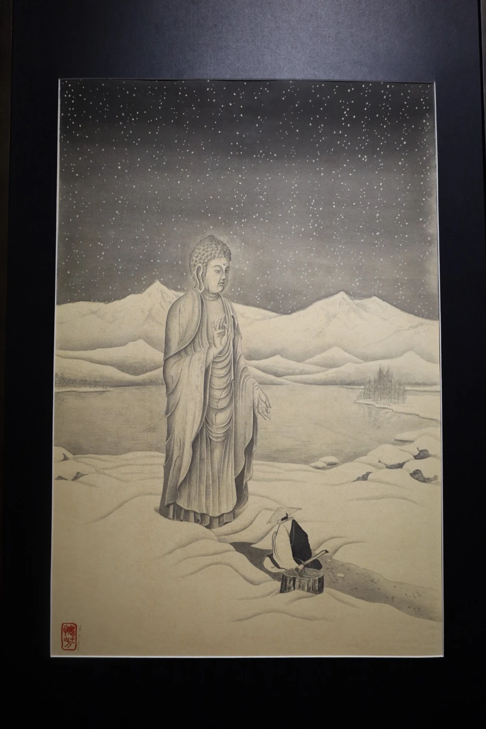 Tác phẩm “Đại tuyết” minh họa cho bài thơ: “Tuyết đã xuống rồi/mau mang tượng Phật/bổ làm củi thôi. Ảnh: QUỐC HƯƠNG.