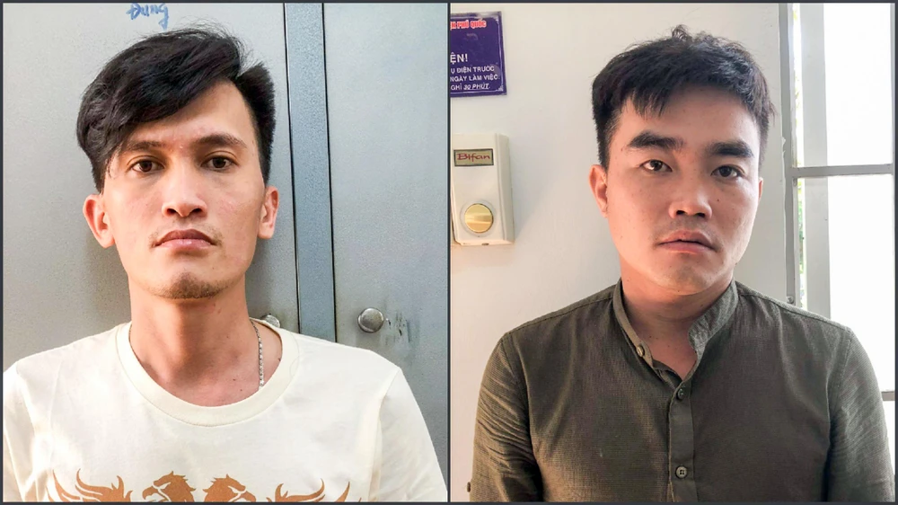 Lê Hữu Phúc (ảnh trái) và Nguyễn Quốc Khén (ảnh phải) tại cơ quan công an. Ảnh: VĂN VŨ