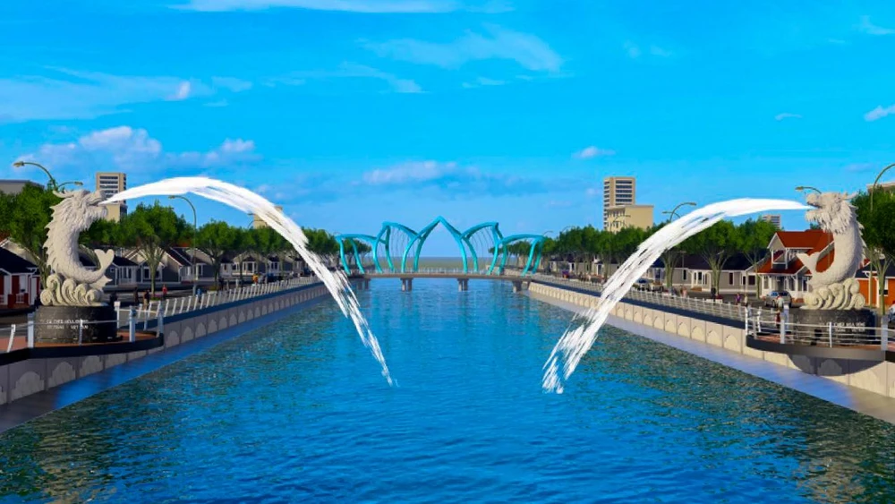 Phối cảnh dự án lắp đặt hình tượng cá chép hóa rồng trên bờ kè sông Maspero, tổng mức đầu tư gần 15 tỉ đồng.
