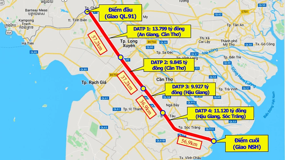 Cao tốc Châu Đốc - Cần Thơ - Sóc Trăng, giai đoạn 1 có tổng chiều dài hơn 188 km, đi qua bốn tỉnh và thành phố, tổng mức đầu tư dự kiến khoảng 44.700 tỉ đồng, được chia làm bốn dự án thành phần.