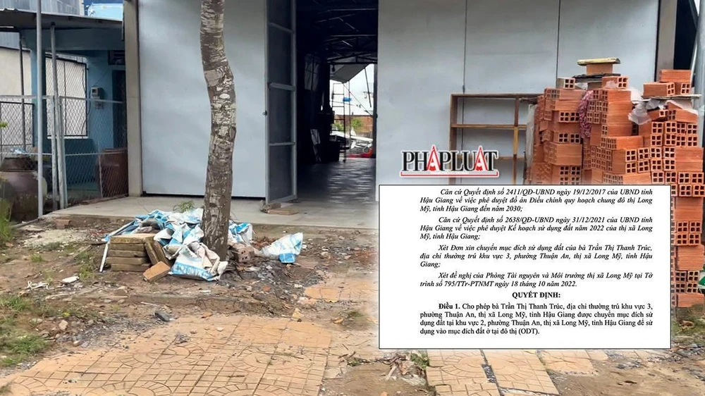 Công trình phía trước xây dựng trên đất thổ cư, trong khi căn nhà bên trong lại được xây trên đất nông nghiệp (ảnh lớn) và Quyết định chấp thuận cho chuyển đổi mục đích sử dụng đất của UBND thị xã Long Mỹ (ảnh nhỏ). Ảnh: CHÂU ANH
