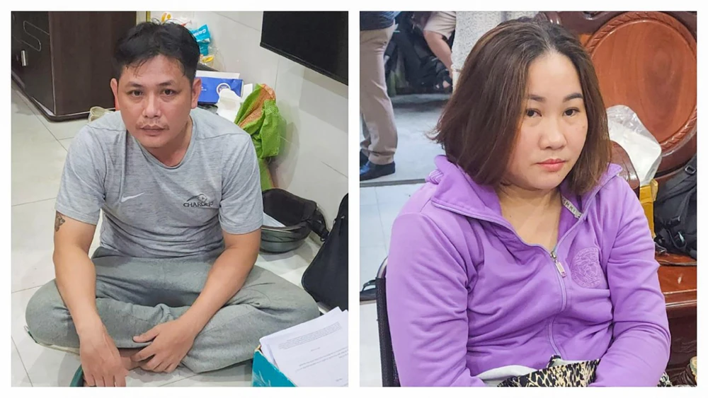 Vợ chồng đối tượng Phan Văn Tú và Ngô Phương Tuyền thời điểm bị công an bắt quả tang đang tổ chức đánh bạc ăn thua bằng tiền. Ảnh: VĂN VŨ