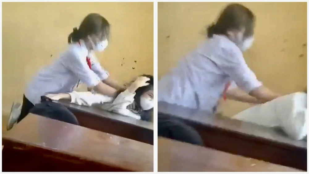Nữ sinh bị bạn cùng lớp hành hung ngay trong phòng học. Ảnh từ clip