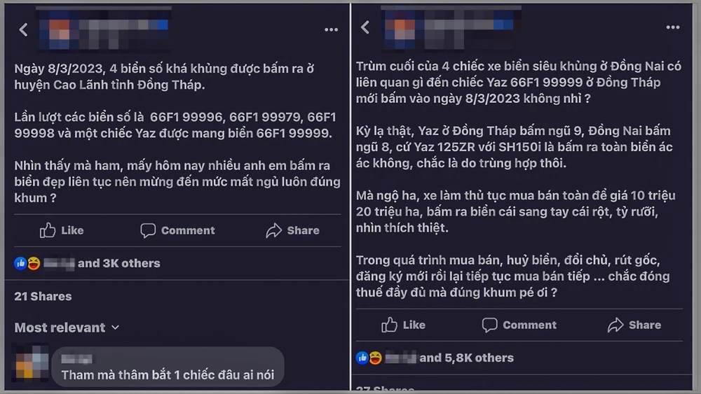 Một tài khoản Facebook đăng tải thông tin nhiều biển số xe đẹp vừa được bấm ở huyện Cao Lãnh, tỉnh Đồng Tháp. Ảnh chụp màn hình. Một tài khoản Facebook đăng tải thông tin nhiều biển số xe đẹp vừa được bấm ở huyện Cao Lãnh, tỉnh Đồng Tháp. Ảnh chụp màn hình.