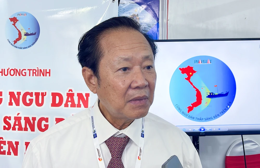 Ông Nguyễn Việt Thắng, Chủ tịch Hiệp hội Thủy sản Việt Nam cho rằng việc Báo Pháp Luật TP.HCM giới thiệu Chương trình tại Hội chợ VietShrimp 2023 là rất kịp thời. Ảnh: CHÂU ANH