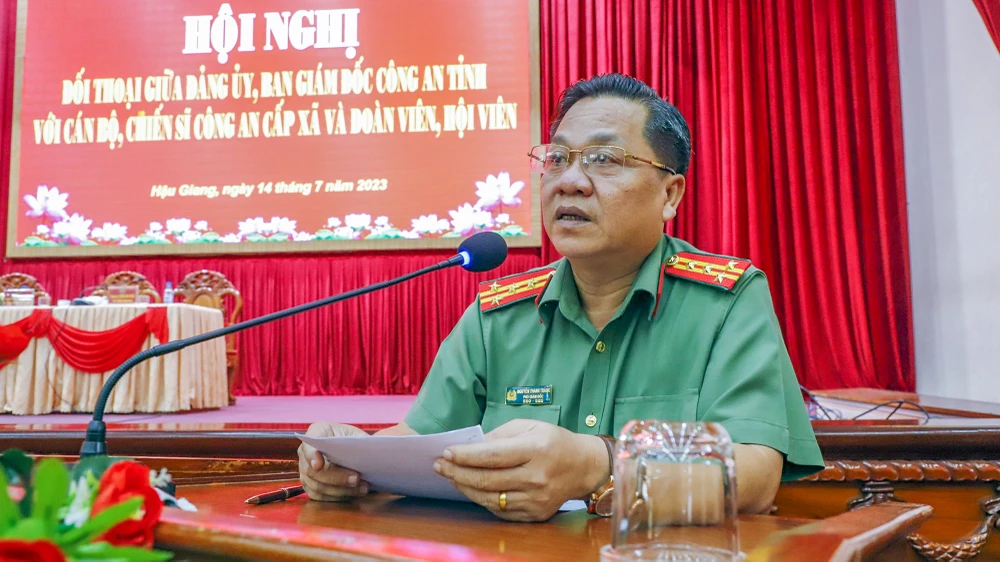 Đại tá Nguyễn Thanh Tràng, Phó Giám đốc Công an tỉnh Hậu Giang bày tỏ chia sẻ, ghi nhận với những khó khăn mà CBCS Công an xã và cán bộ, đoàn viên, hội viên đang gặp phải. Ảnh: ĐĂNG VINH