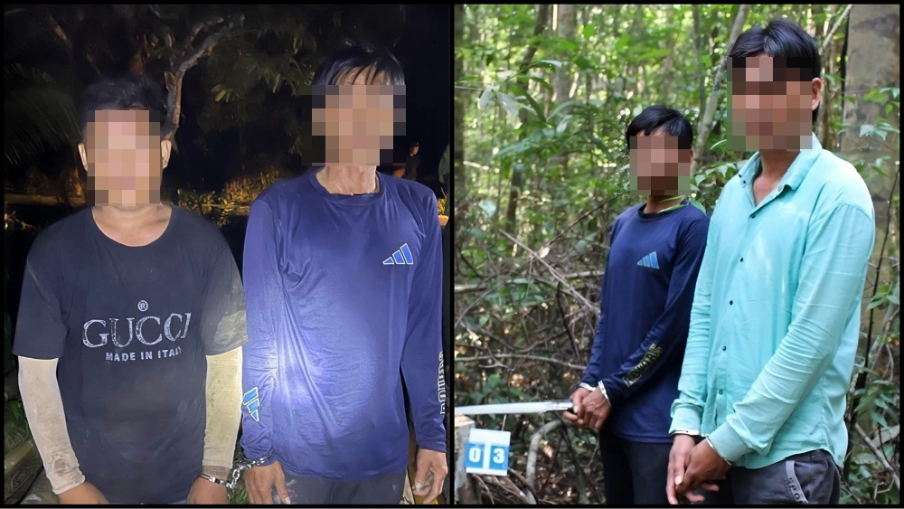 Trong lúc tuần tra, lực lượng chức năng phát hiện bốn người có hành vi khai thác gỗ hiếm trong rừng đặc dụng ở Phú Quốc. Ảnh: HỮU HOÀNG