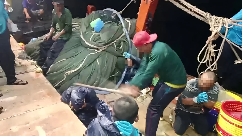 Clip ba người bị đánh đập dã man trên một tàu cá dù liên tục chắp tay xin tha nhưng vẫn bị đánh khiến dư luận bức xúc. Ảnh cắt từ clip