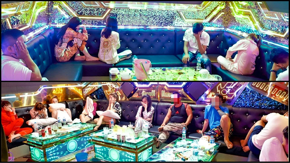 Kiểm tra tại phòng VIP 3333 và phòng VIP 6666 quán karaoke Kim Cương ở thị xã Long Mỹ, lực lượng làm nhiệm vụ phát hiện có 14 người dương tính với chất ma túy. Ảnh: CA