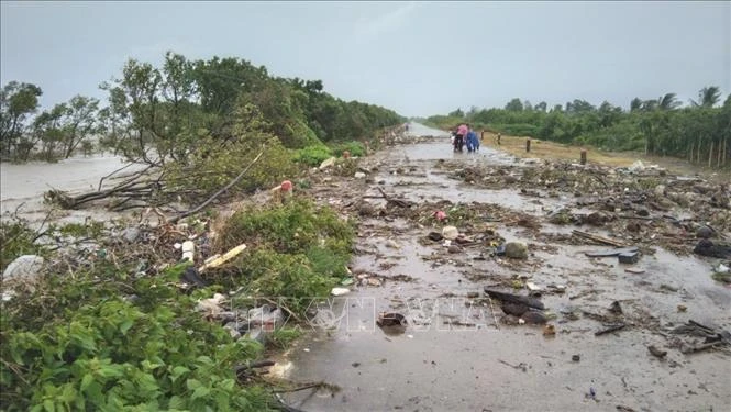 Triều cường dâng cao khiến nước tràn qua mặt đê biển Tây thuộc khu vực xã Khánh Bình Tây, huyện Trần Văn Thời, tỉnh Cà Mau vào chiều ngày 11-7. Ảnh: TTXN