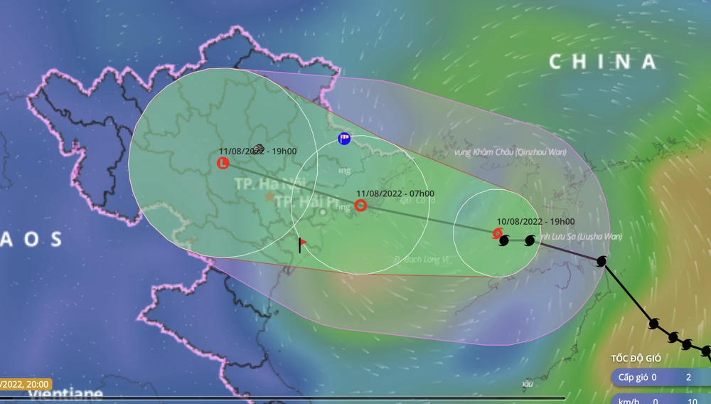 Dự báo hướng đi của bão số 2 tối 10-8. Ảnh: VNDMS