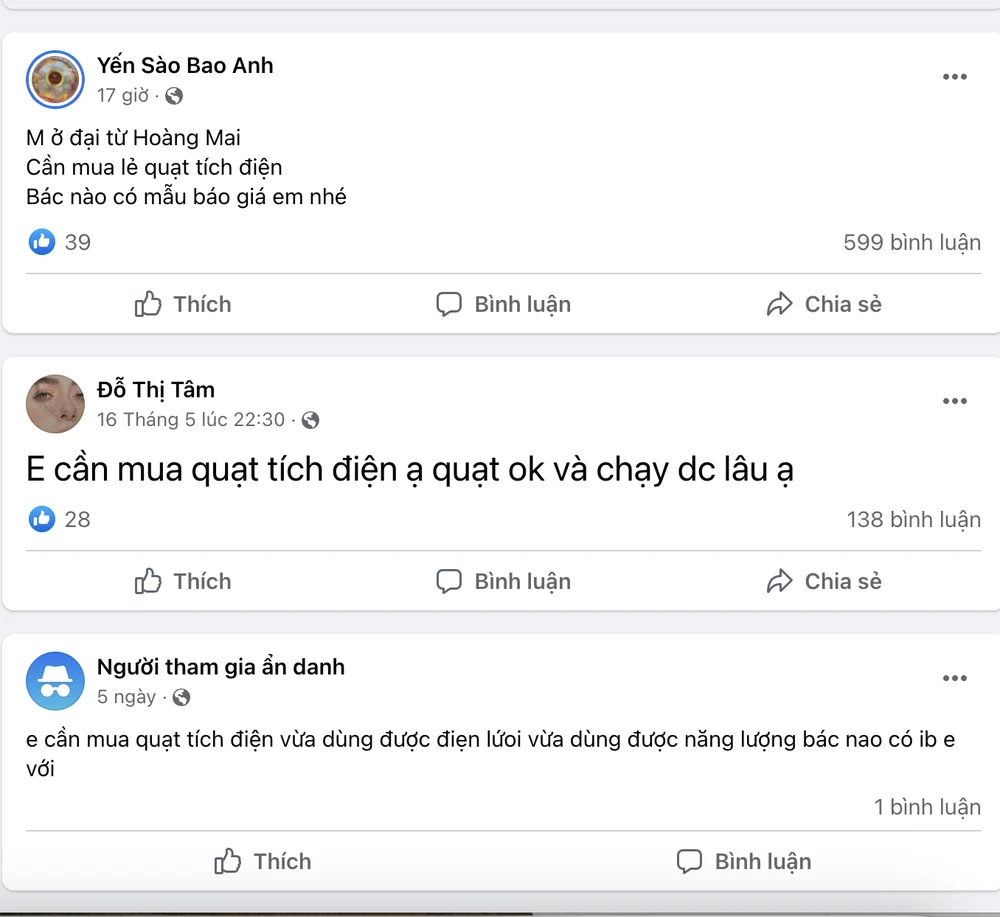 Không chỉ ngoài các cửa hàng, trên mạng xã hội cũng rất nhộn nhịp hoạt động mua bán quạt tích điện.