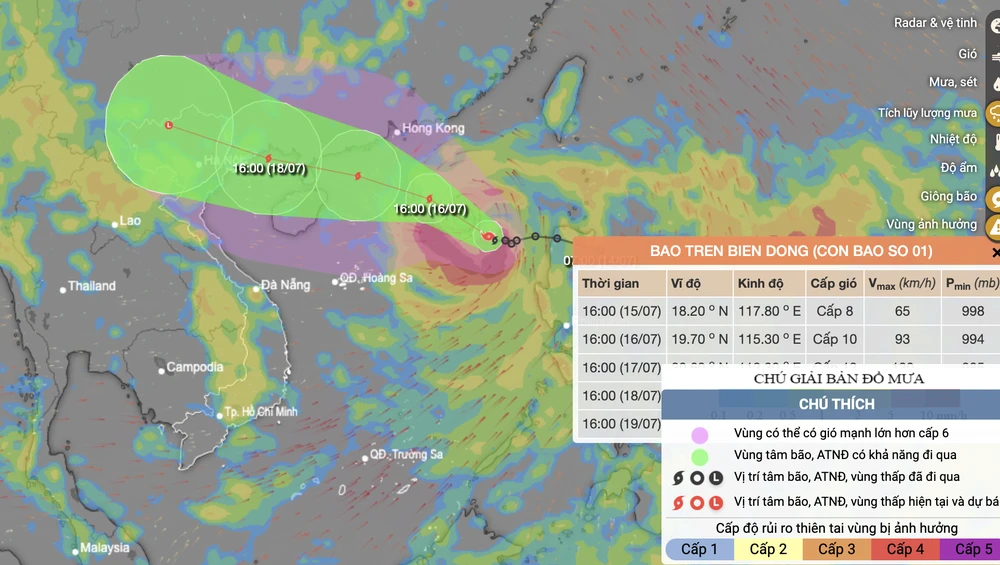 Dự kiến bão số 1 sẽ đi vào phía Bắc vịnh Bắc Bộ với cường độ cấp 10-11, giật cấp 13, sau đó đổ bộ vào khu vực Bắc Bộ. Ảnh: TTKTTVQG