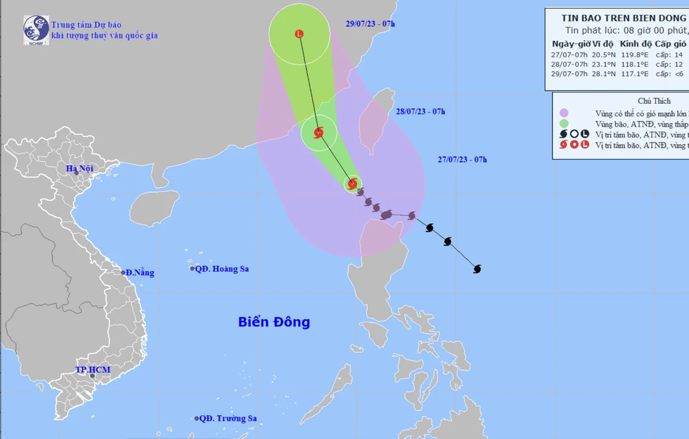 Dự báo vị trí và đường đi của bão Doksuri. Ảnh: Trung tâm KTTVQG