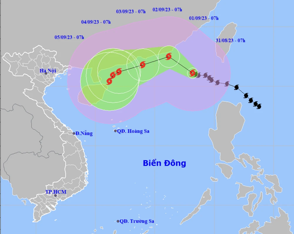 Dự báo vị trí và đường đi của bão số 3. Ảnh: KTTVQG