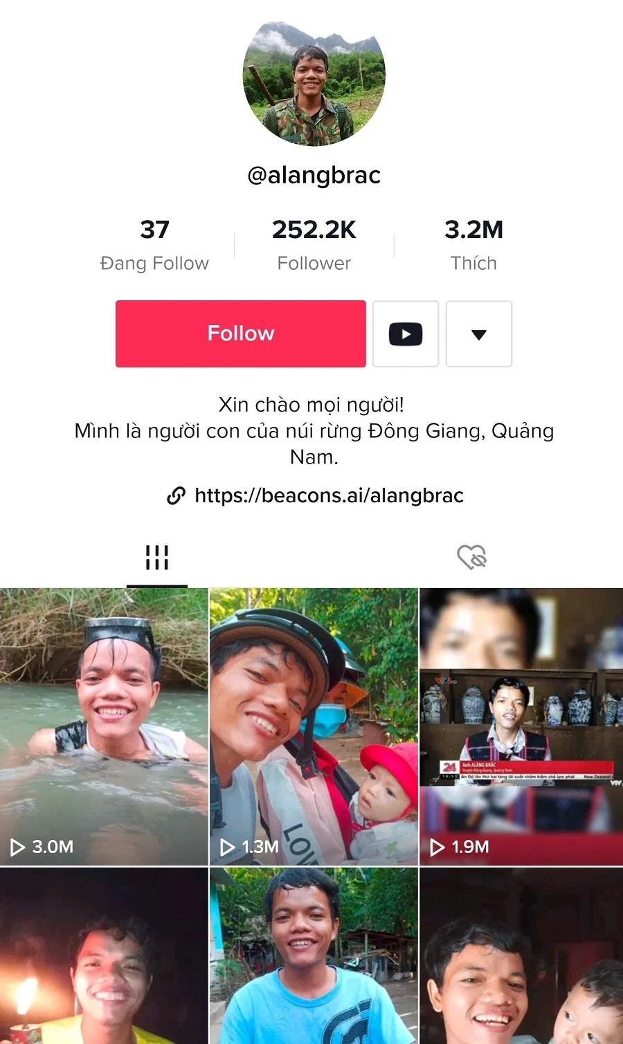 Nhiều clip của Alăng Brắc đăng tải trên Tiktok thu hút hàng triệu lượt xem.