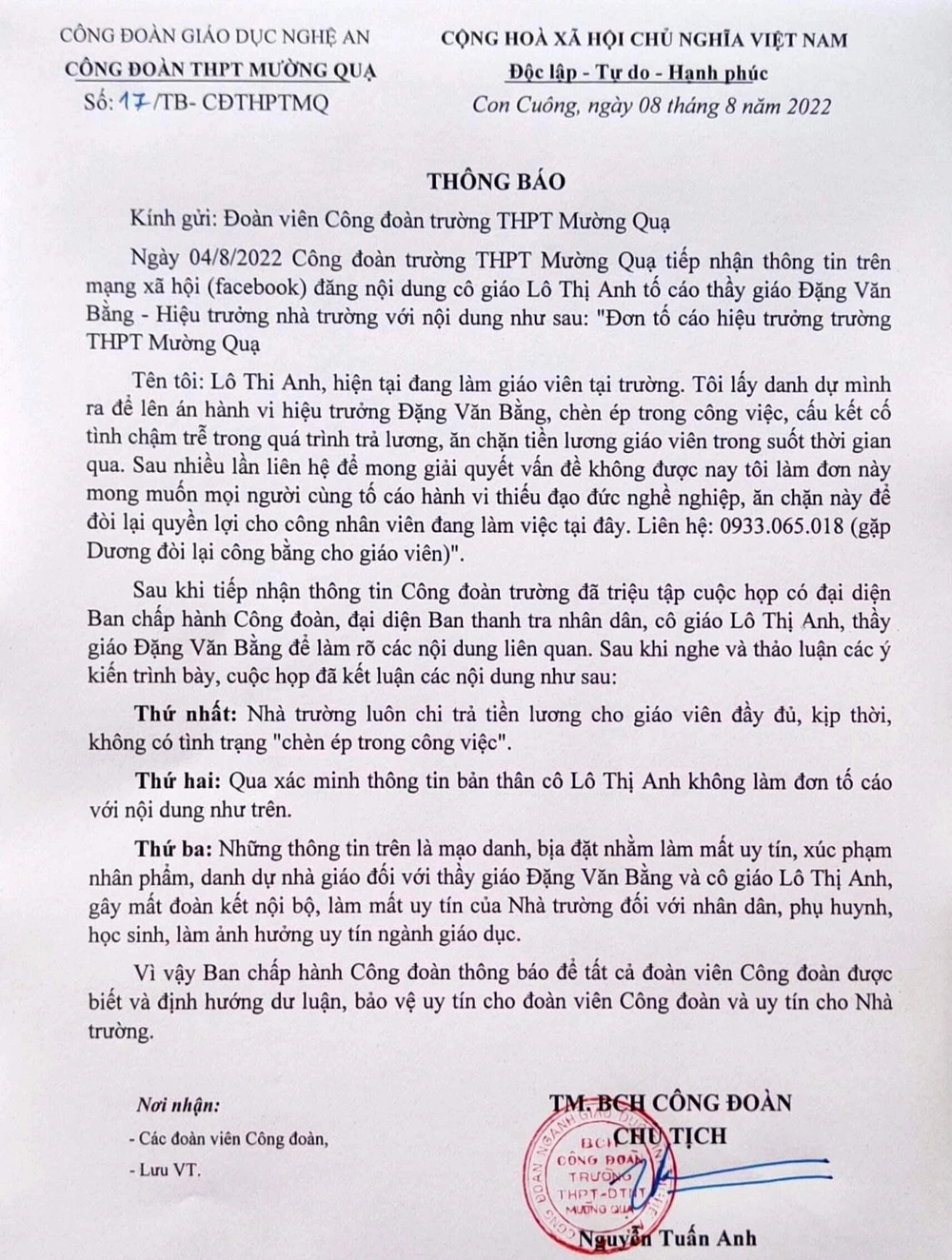 Thông báo của Công đoàn Trường THPT Mường Quạ.