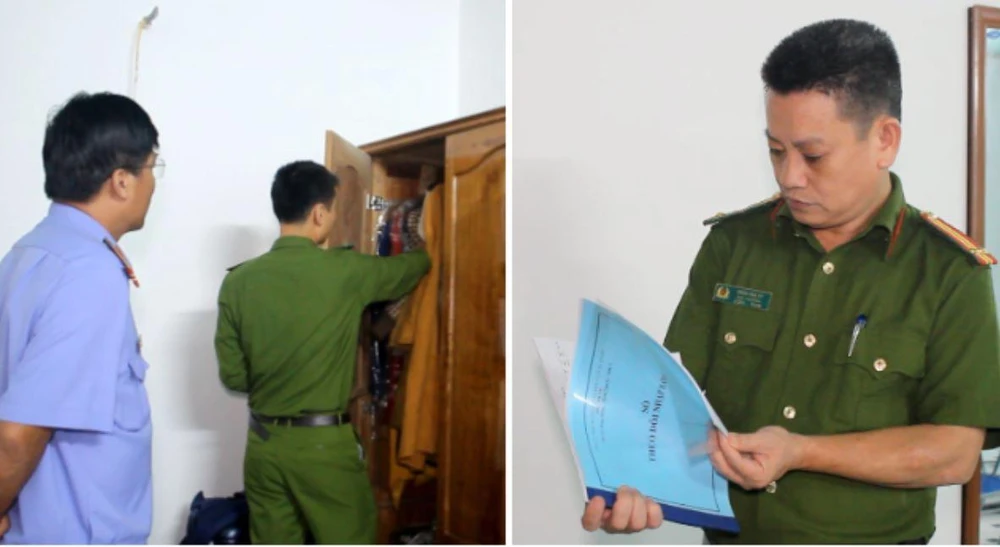 Cơ quan công an khám xét nơi làm việc của Trần Văn Giang. Ảnh: CA