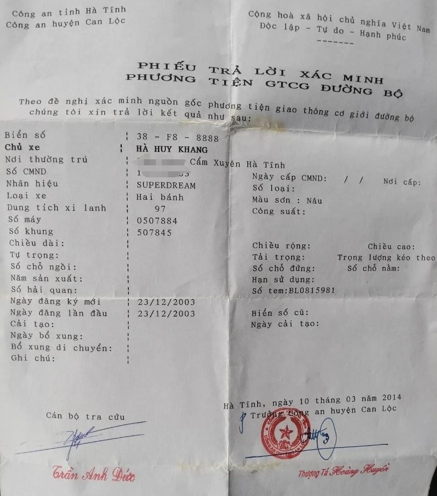 Gia đình anh T từng bị mất giấy đăng ký xe và nay anh xuất trình được phiếu trả lời xác minh phương tiện đường bộ.