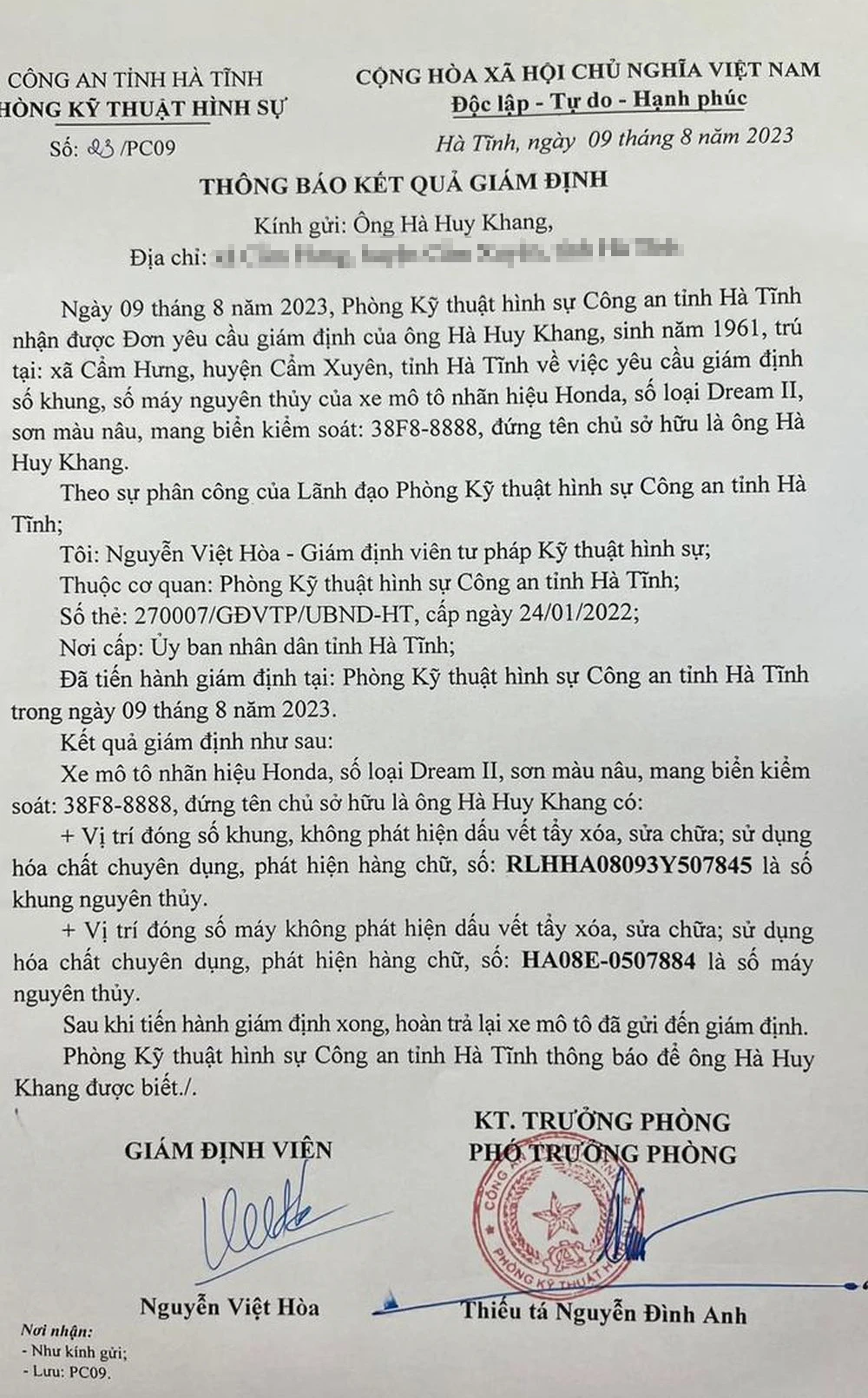 Kết quả giám định chiếc xe Honda Super Dream cùng mang BKS 38F8-8888 gia đình anh NXT đang sử dụng là xe không tẩy xóa số khung, số máy.
