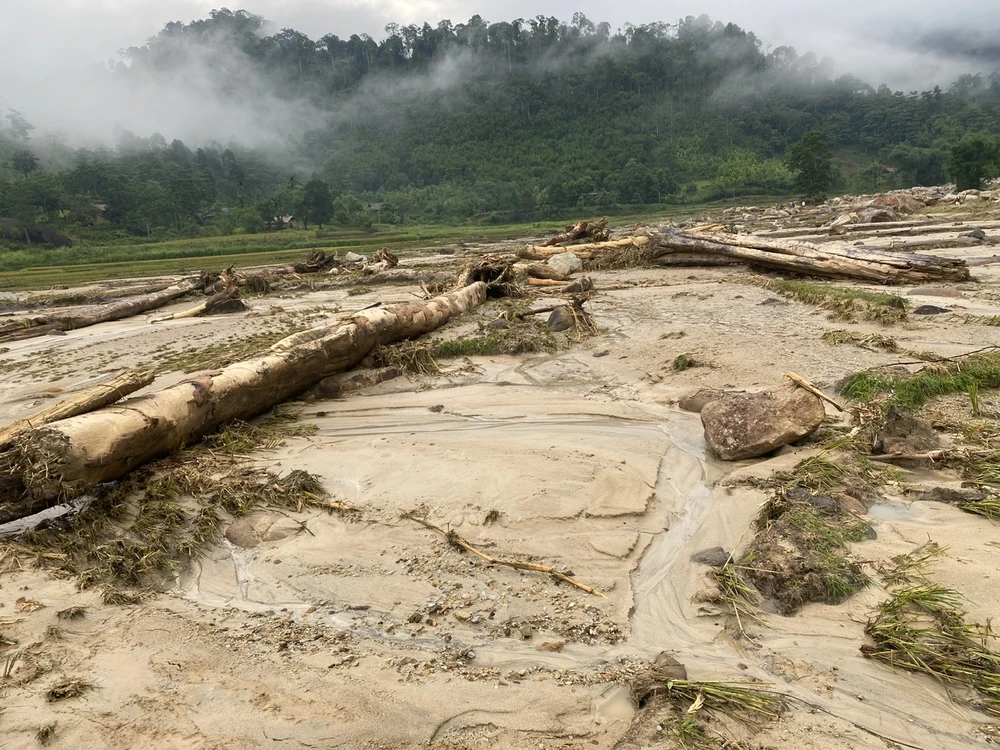 Lũ quét qua cánh đồng ở xã Hạnh Dịch.