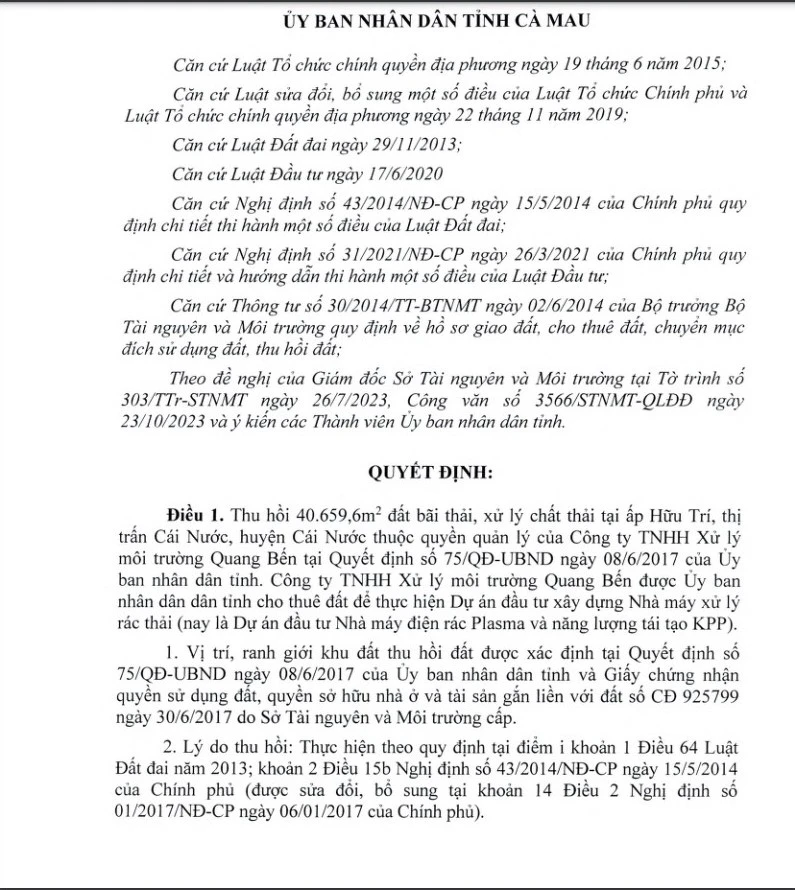 UBND tỉnh Cà Mau giao toàn bộ diện tích đất thu hồi của dự án nhà máy điện rác Plasma cho UBND huyện Cái Nước quản lý