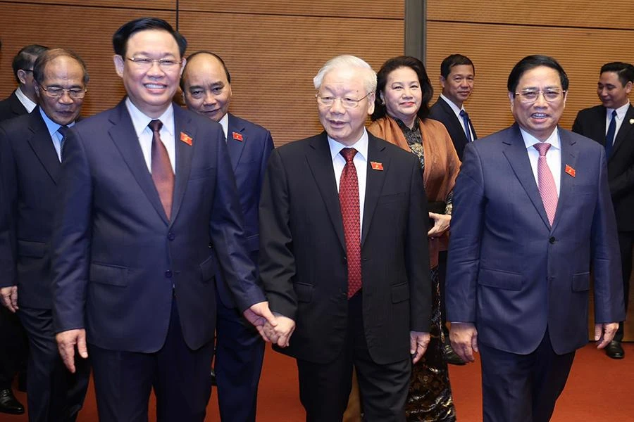 Tổng bí thư Nguyễn Phú Trọng cùng các lãnh đạo Đảng, Nhà nước tham dự phiên khai mạc kỳ họp thứ tư Quốc hội khóa XV vào sáng 20-10. Ảnh: NGHĨA ĐỨC