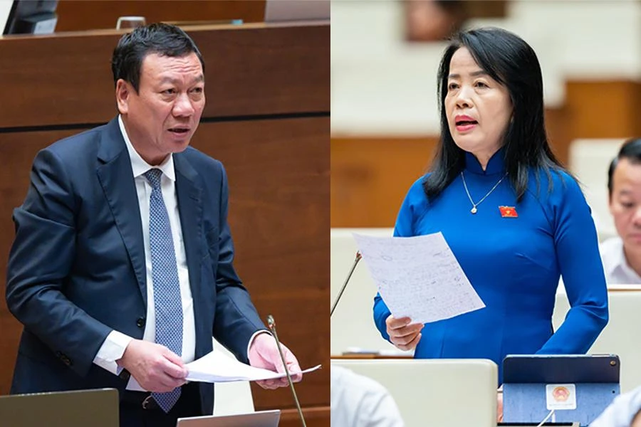 Tổng thanh tra Chính phủ Đoàn Hồng Phong và đại biểu Nguyễn Thị Kim Thúy tại phiên thảo luận ở hội trường. Ảnh: PHẠM THẮNG