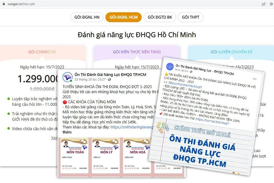 Nhan nhản các khóa học, mức phí luyện thi đánh giá năng lực trên mạng hiện nay. (Ảnh ghép từ chụp màn hình)