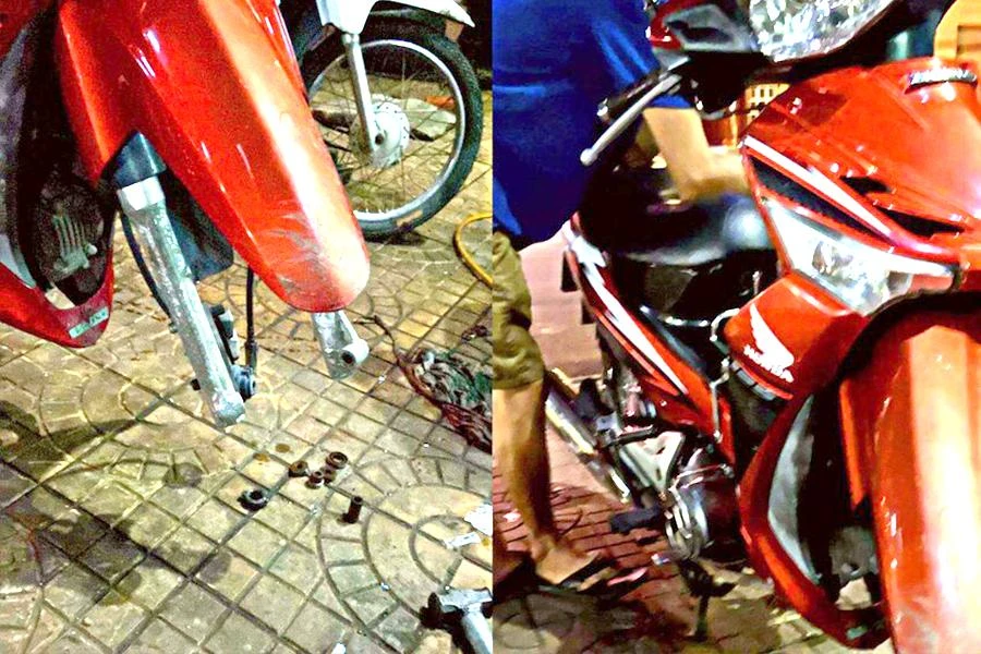 Chiếc xe đã được ông chú tốt bụng đẩy đến chỗ sửa xe lúc 12 giờ đêm được chủ nhân chụp ảnh lưu lại. Ảnh: NVCC