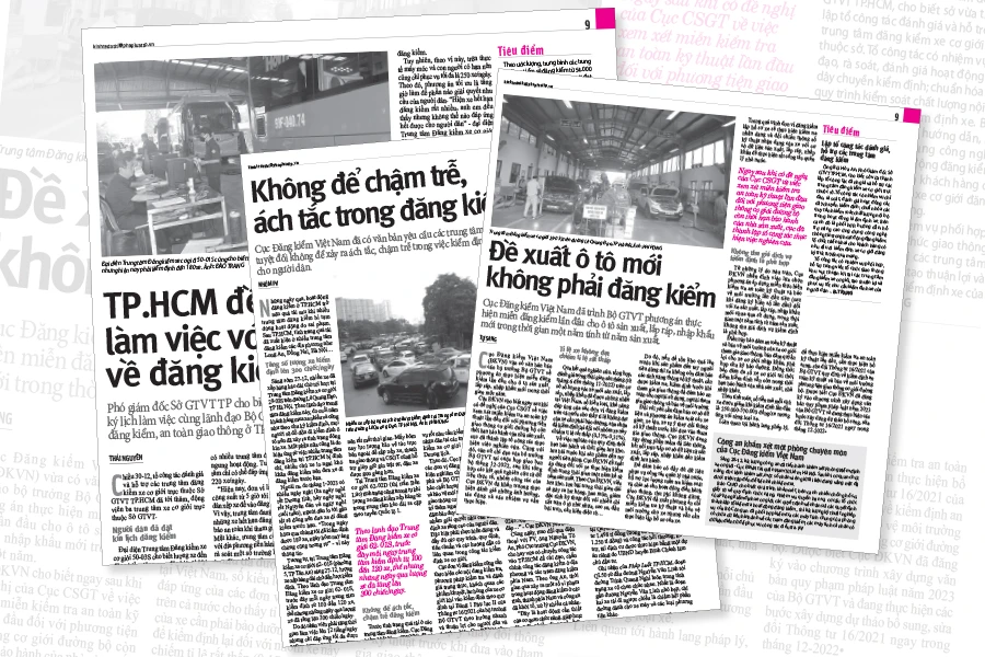 Những bài báo thông tin về công an điều tra sai phạm trong đăng kiểm và ghi nhận tình hình quá tải của người dân khi đăng kiểm xe.