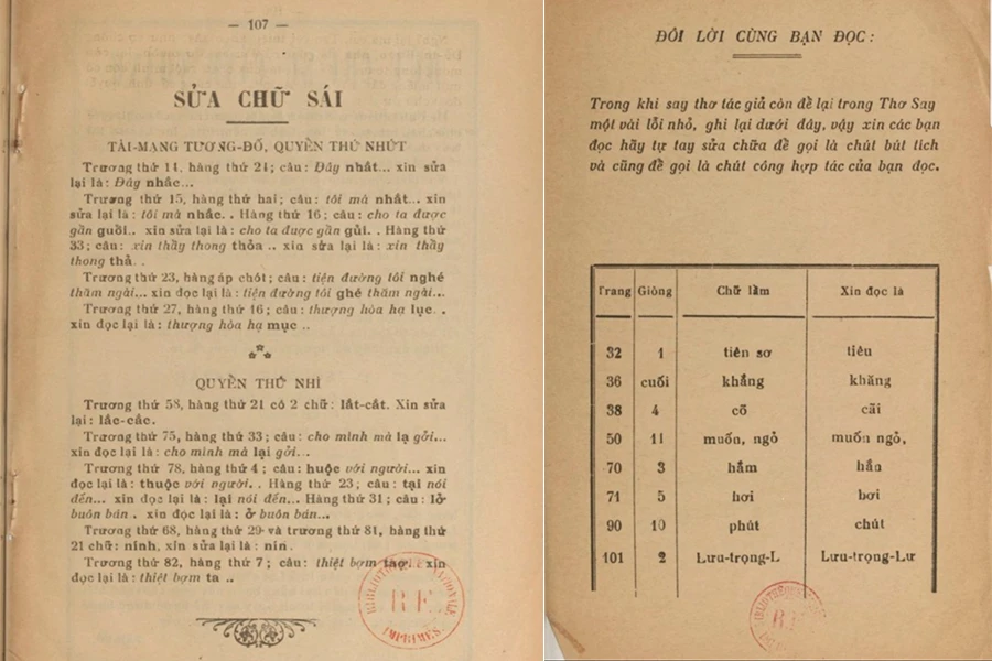 Sách Tài mạng tương đố của Nguyễn Chánh Sắt, trang 107 của quyển thứ Nhì “sửa chữ sái” của quyển thứ Nhứt và thứ Nhì (trái) và trang cải chính như lời bày tỏ tâm tình của tác giả Thơ say. Ảnh: ĐÌNH BA