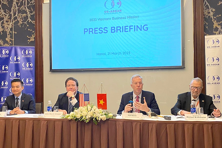 USABC tổ chức họp báo để thông tin chi tiết xung quanh chuyến đi của phái đoàn doanh nghiệp Mỹ đến Việt Nam vào ngày 21-3. Ảnh: M.TRÚC