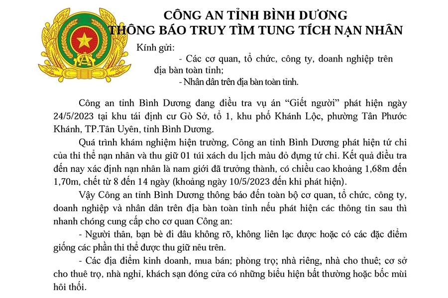 Thông báo mới nhất của Công an tỉnh Bình Dương.