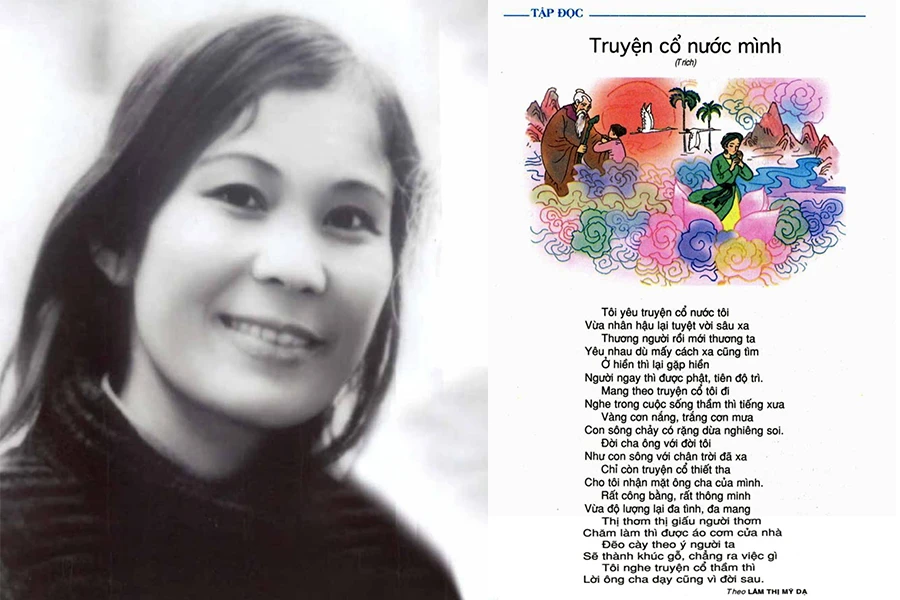 Nhà thơ Lâm Thị Mỹ Dạ (1949-2023). Ảnh: Hội Nhà văn Việt Nam (Vanvn.vn) và bài thơ Truyện cổ nước mình (ảnh phải) của nhà thơ Lâm Thị Mỹ Dạ được in trong sách Tiếng Việt lớp 4 tập 1, Nhà xuất bản Giáo dục Việt Nam.