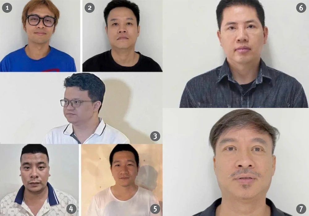 Bảy người bị khởi tố trong vụ án xâm phạm quyền tác giả, quyền liên quan (thứ tự từ 1 đến 7) gồm các bị can: Võ Hoàng Việt; Nguyễn Trung Trường Huy, giám đốc Công ty TNHH Mây Sài Gòn; Nguyễn Hải Bình, tổng giám đốc Công ty BH Media; Nguyễn Minh Đức, chủ hộ kinh doanh Đồi Mặt Trời, Ngô Thanh Tùng, chủ hộ kinh doanh Thông Zeo; Võ Văn Nam, giám đốc Công ty TNHH Lululola Entertainment; Diệp Văn Lập (ca sĩ Quang Lập). Ảnh: BCA