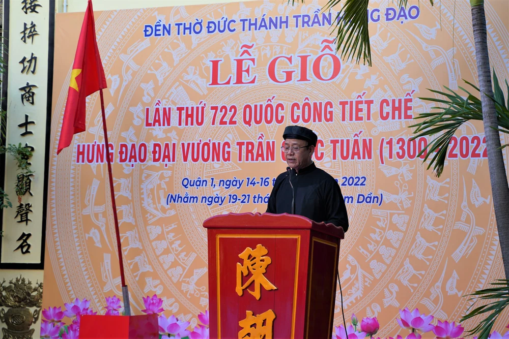 Ông Nguyễn Thế Định ,Trưởng Ban Quản lý Đền thờ Đức Thánh Trần Hưng Đạo, phát biểu tại buổi lễ. Ảnh: BẢO PHƯƠNG Ông Nguyễn Thế Định ,Trưởng Ban Quản lý Đền thờ Đức Thánh Trần Hưng Đạo, phát biểu tại buổi lễ. Ảnh: BẢO PHƯƠNG