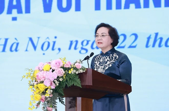 Bộ trưởng Bộ Nội vụ Phạm Thị Thanh Trà phát biểu khai mạc hội nghị đối thoại với thanh niên. Ảnh: TTXVN