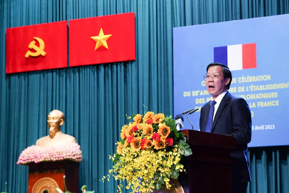Chủ tịch UBND TP.HCM Phan Văn Mãi khẳng định, TP.HCM luôn là một trong những địa phương tích cực triển khai nhiều hoạt động hợp tác cụ thể, thiết thực nhằm củng cố quan hệ Việt Nam - Pháp. Ảnh: BẢO PHƯƠNG