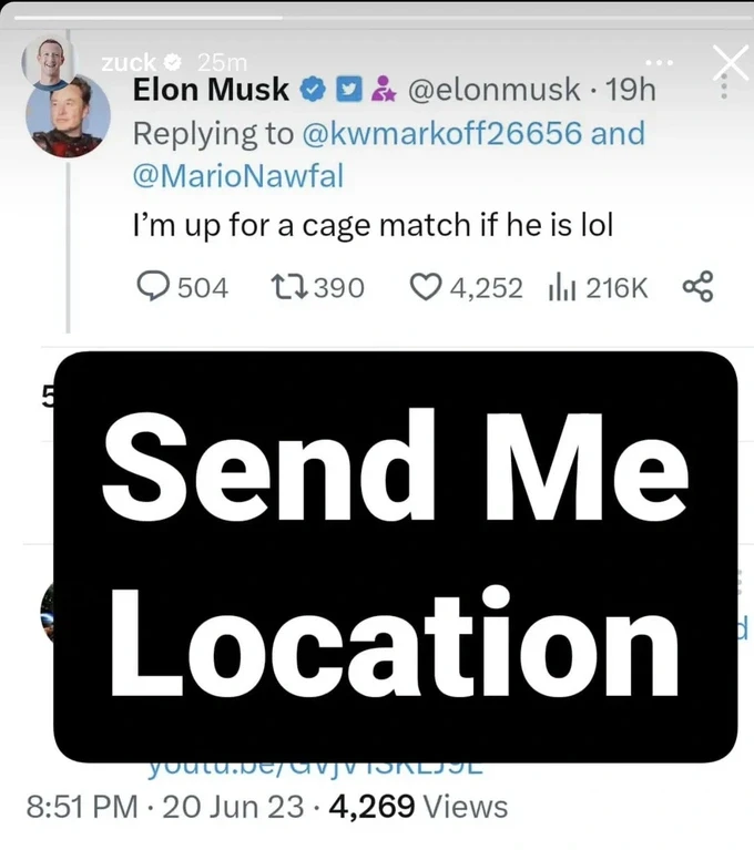 Ông Mark Zuckerberg chụp ảnh màn hình lời thách đấu của ông Elon Musk kèm lời nhắn: "Gửi tôi địa điểm". Ảnh: INSTAGRAM