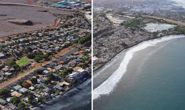 Thị trấn Lahaina trên đảo Maui, quần đảo Hawaii (Mỹ) trước và sau khi bị cháy. Ảnh: REUTERS
