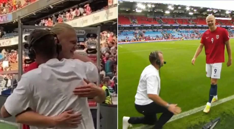 Nhà vô địch Olympic quá ngưỡng mộ Haaland đã chọn cách quỳ gối như một cách tôn vinh chân sút người Na Uy. Ảnh: CGI.