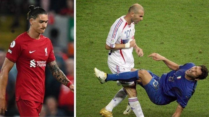 Nunez tái hiện cú húc đầu lịch sử của đàn anh Zidane khiến bị chiếc thẻ đỏ. Ảnh: CGI. Nunez tái hiện cú húc đầu lịch sử của đàn anh Zidane khiến bị chiếc thẻ đỏ. Ảnh: CGI.