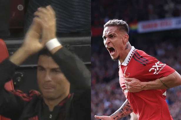 Ronaldo phấn khích sau khi Antony ghi bàn mở điểm cho Man United. Ảnh: CGI.