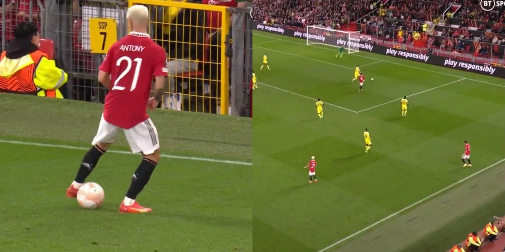 Antony "xoay compa" biểu diễn xong là chuyền bóng đi hết đường biên ngang. Ảnh: GETTY.