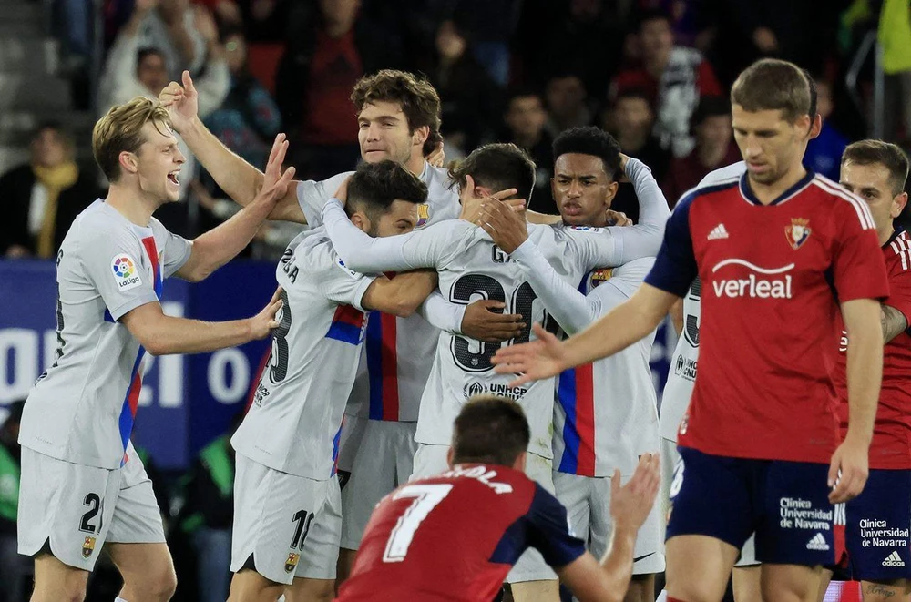 Barcelona phấn khích sau cú lội ngược dòng trước Osasuna. Ảnh: GETTY.